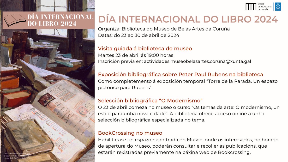 Celebramos o vindeiro #DíadoLibro📚 👉O 23 de abril terá lugar unha #VISITAGUIADA á Biblioteca do Museo. ℹ️ A visita é gratuíta previa inscrición. ⚠️ Prazas limitadas. Máximo 2 persoas por mail. 🗓️ 23 de abril 🕖 19:00 h. 🔗Toda a info na nosa web: museobelasartescoruna.xunta.gal/gl/actividades…