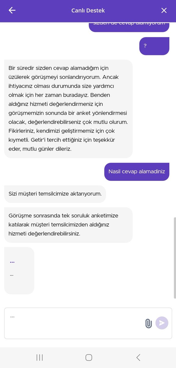 Bu nasıl bir hizmet anlayışı ? verdigim siprasi 1.5 saatte gelmiyor müşteri temsilcileriyle iletisime gecmeye çalışıyorum onlarla da sağlıklı iletişim kurulamıyor ? Uygulamayı silip bir daha kullanmıcam @getir @GetirYemek