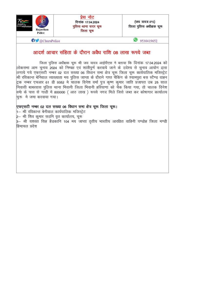 #churupolice #लोकसभा_चुनाव_2024 को मध्यनजर रखते सदर थाना क्षेत्र में आचार संहिता का उल्लंघन करने पर 08 लाख रुपए किये जप्त। @PoliceRajasthan @IgpSikar @JhunjhunuPolice @SikarPolice