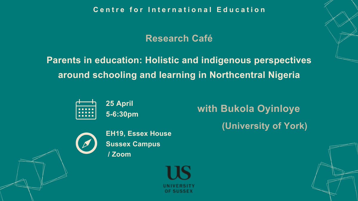 Join our Research Café next week! Parents in education: Holistic and indigenous perspectives around schooling and learning in Northcentral Nigeria with @boyinloye (York)! 🗓️25 April, 5-6:30pm 🧭EH19, Essex House / Zoom Full details here: forms.gle/puZbKKuSRhZBHj…