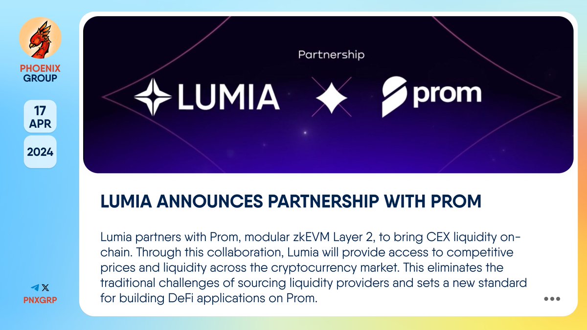 🔥 @BuildOnLumia announces partnership with @Prom_io.

#Lumia partners with #Prom, modular zkEVM #Layer2, to bring #CEX liquidity on-chain. Through this collaboration, Lumia will provide access to competitive prices and liquidity across the cryptocurrency market. This eliminates…