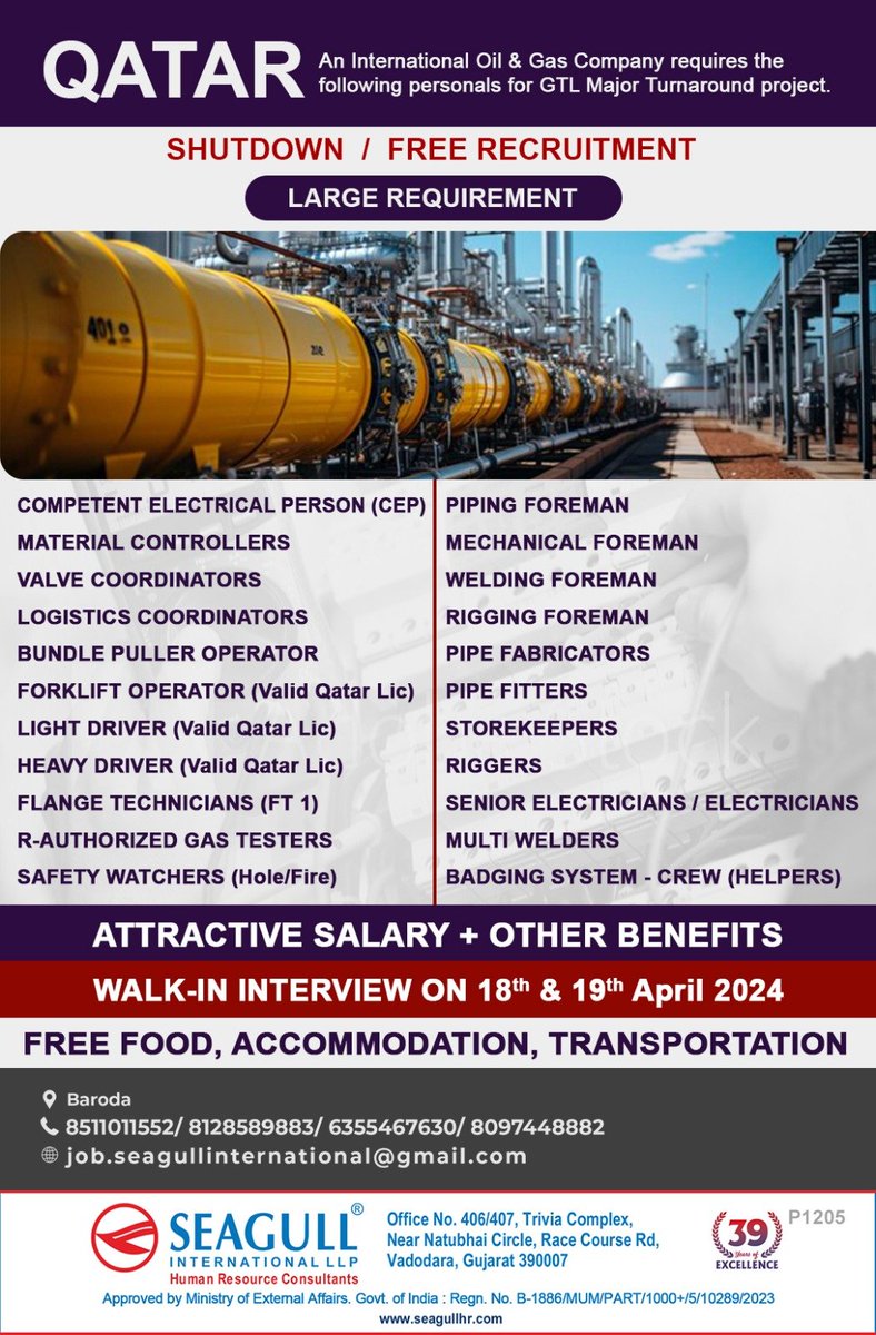 hrd1_seagull's tweet photo. 🇶🇦Qatar Jobs 
✔Free Recruitment 
 ‼️ Large Requirement - Shut Down Project
📝Walk In Interview On 18th &amp; 19th April 2024
📍Location - Baroda
.
.
#qatarjobs #seagull #competentelectricalperson #materialcontroller #lightdriver #heavydriver #safetywatchers #pipingforman https://t.co/qNcPCbMMX4