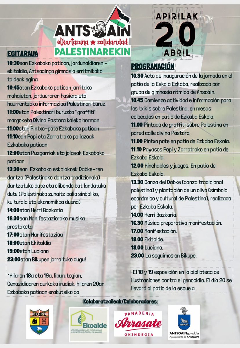 Antsoain Palestinarekin!🇵🇸
Animatu eta parte hartu apirilaren 20an antolatutako egitarau txukun honetan!

Gazteok bertan egongo gara!