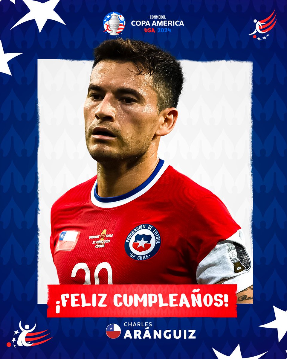CopaAmerica's tweet photo. ¡Feliz cumpleaños, Charles Aránguiz! 🇨🇱

Bicampeón de la CONMEBOL Copa América™️ con @LaRoja en 2015 y 2016 🏆

#VibraElContinente https://t.co/Zn2vaP82Lb