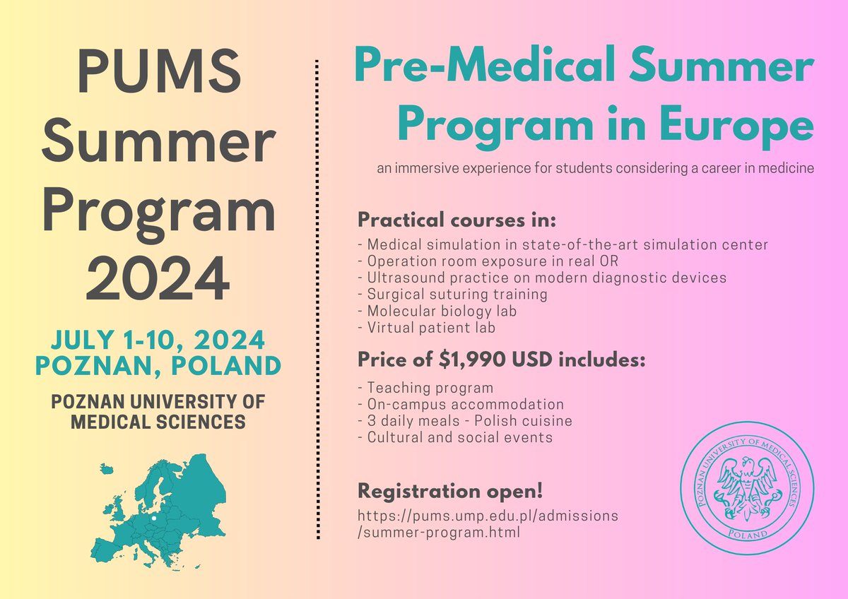 The Pre-Medical Summer Program at #PUMS is the best way to get to know our school, the campus, and the city while immersing yourself in the world of medicine. Spend your summer in Poznan: pums.ump.edu.pl/admissions/sum…