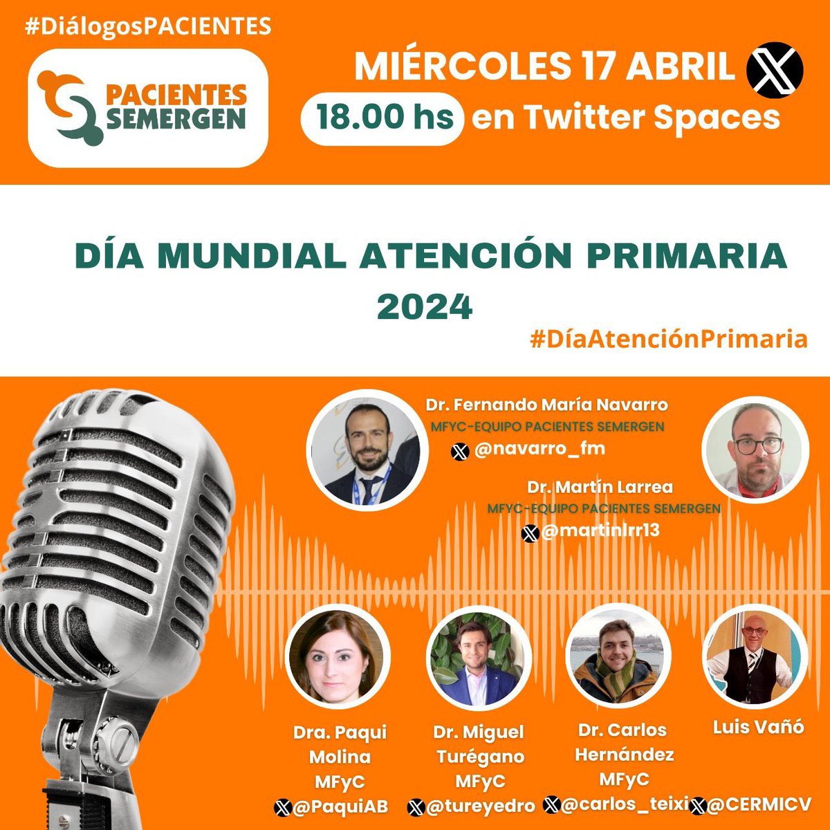 ‼️Recuerda, nos escuchamos esta tarde, 17/04/24, en X spaces. Hablamos de #AtencionPrimaria , asociaciones de #pacientes. De cómo potenciar sinergias, mundo #rural. Junto a @martinlrr13 y @evaanyon Con invitados de excepcion🎙️ @PaquiAB @luis_vano @tureyedro @carlos_teixi 👂🏽⬇️