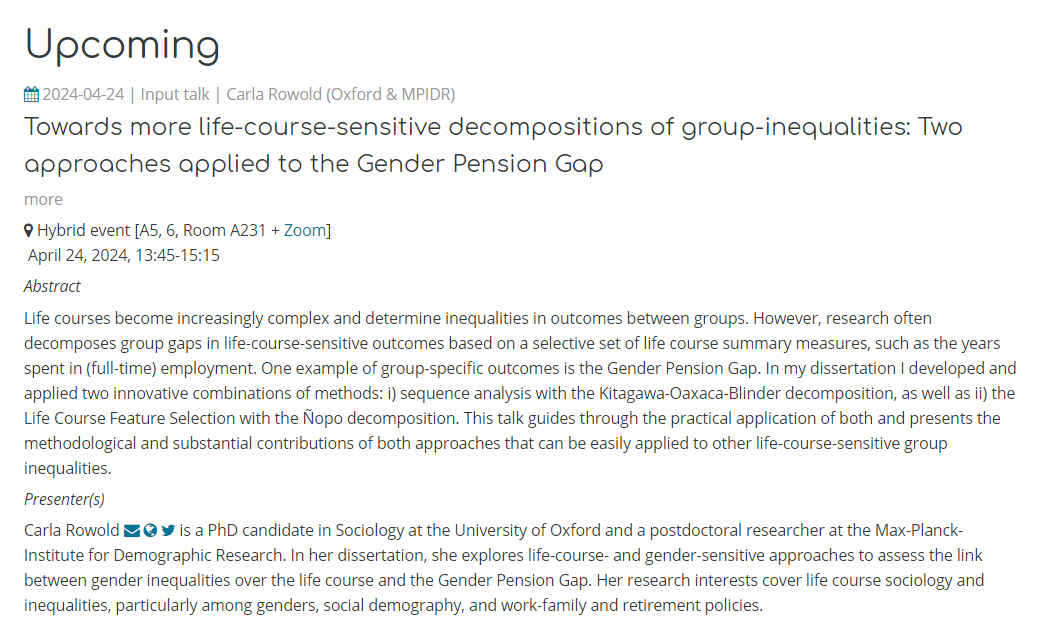 🚨 Upcoming: 'Towards more life-course-sensitive decompositions of group-inequalities' 👤 @c_rowold (@MPIDRnews) 🗓️ Wed, April 24, 13:45-15:15 CET 📺 Register for the live stream: us02web.zoom.us/meeting/regist… 🔗 mzes.uni-mannheim.de/socialscienced…