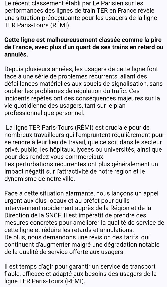 TGVTOURSPARIS's tweet photo. @FBTouraine La Touraine, deux fois sur le podium : ligne TGV la plus chère de France et maintenant la ligne TER la pire de France... https://t.co/h8DlFRuPiF