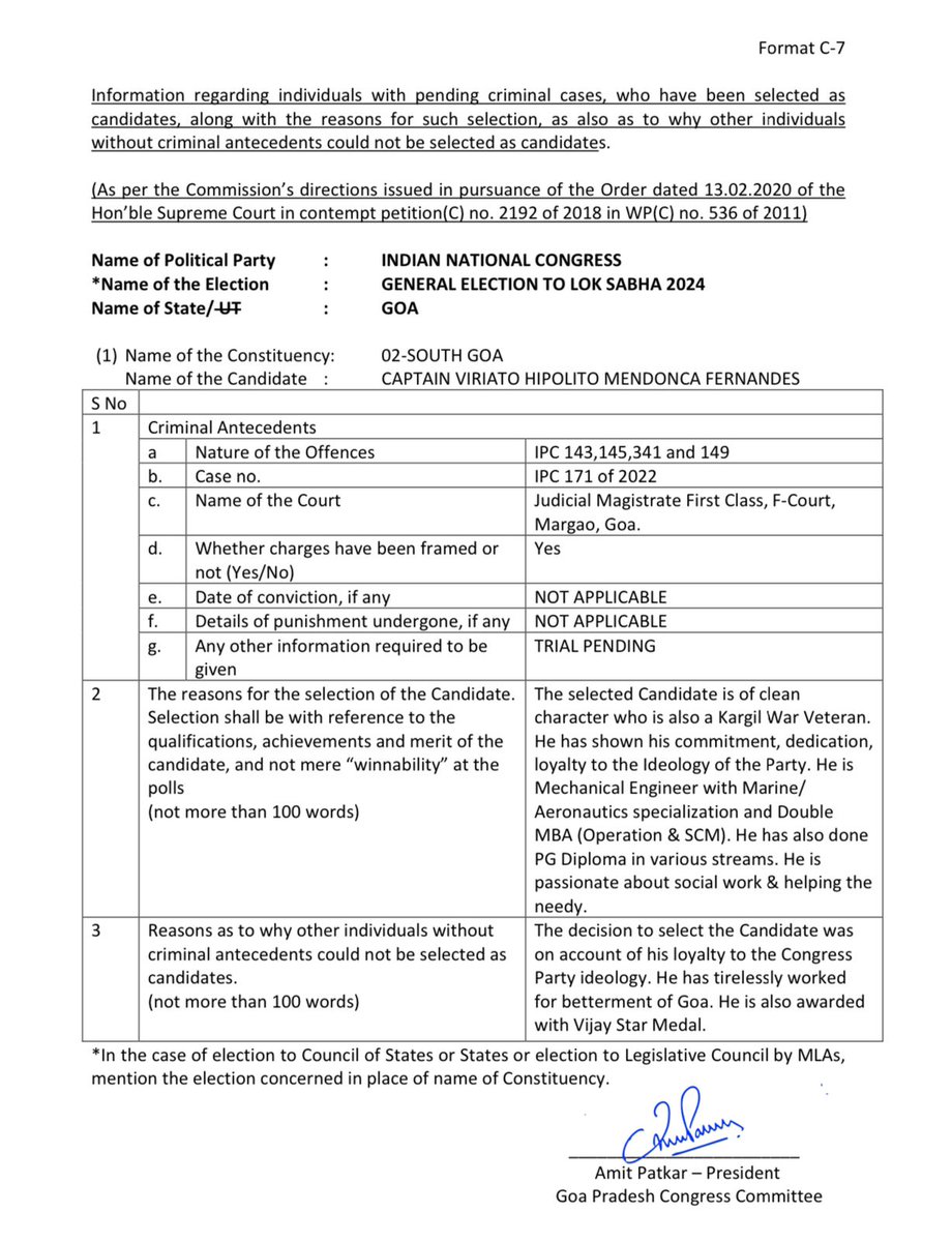 Information regarding individuals with pending criminal cases, who have been selected as Candidates, along with the reasons for such selection, as also as to why other individuals without criminal antecedents could not be selected as Candidates. @ECISVEEP @CEO_Goa