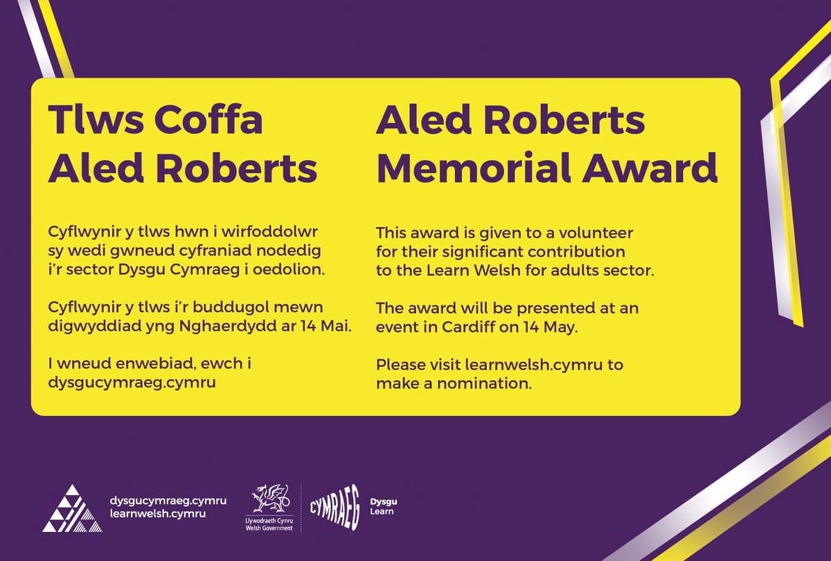 Adnabod rhywun sy’n gwirfoddoli yn y maes? Beth am eu henwebu i dderbyn Tlws Coffa Aled Roberts.

Nominate a volunteer for their significant contribution to the Learn #Welsh sector.

Dyddiad cau: 26 Ebrill

Mwy o fanylion isod:
buff.ly/4aPaGdf 

#dysgucymraeg #learnwelsh