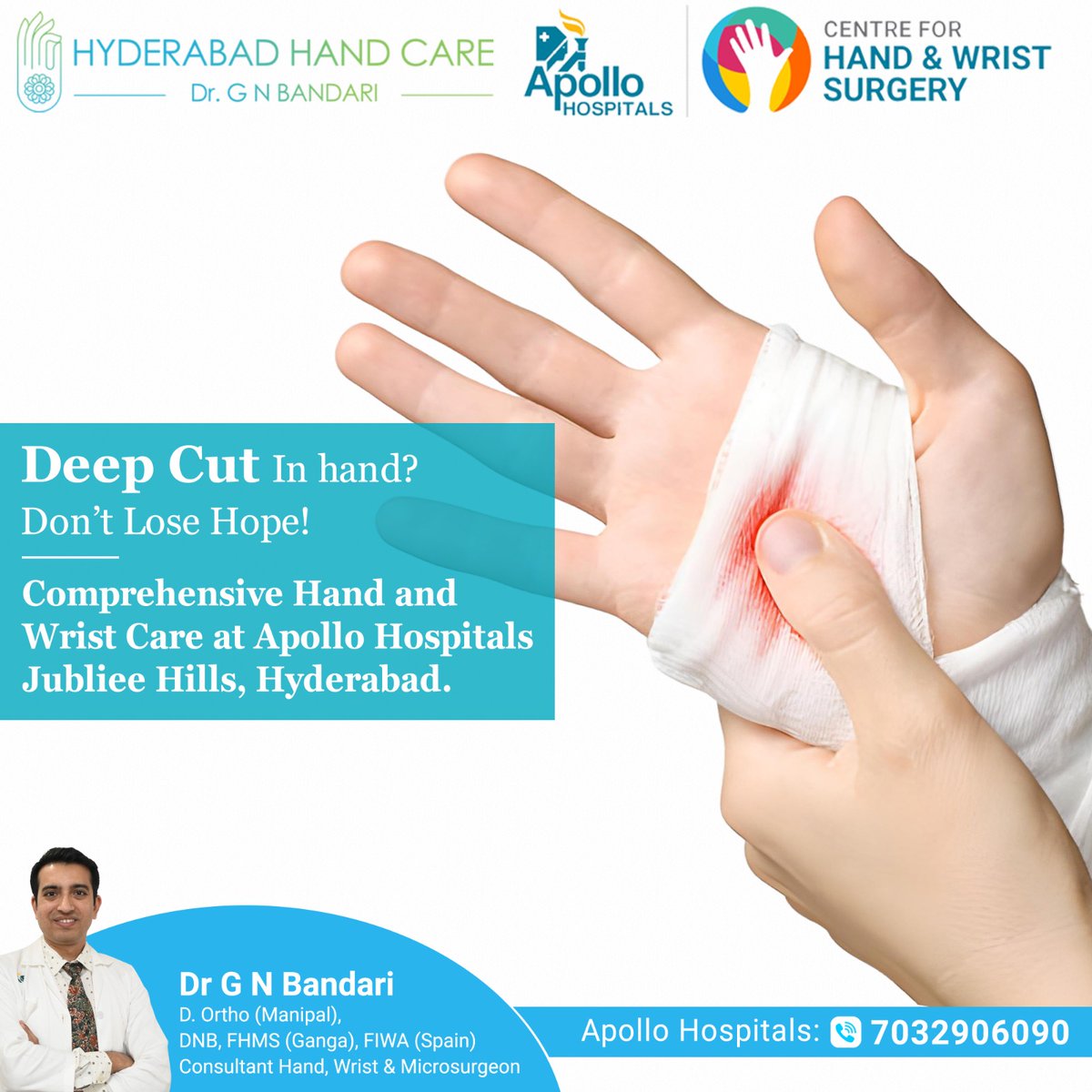 Deep Cut in Hand ?
Don't lose Hope !
Get Comprehensive Hand and Wrist care at #ApolloHospitals, #JubileeHills, #Hyderabad. Let us help you find relief.

#DrGopinathBandari #handandwristsurgeon #HandSurgery #WristSurgery #handcare #besttreatment #besthealthcare