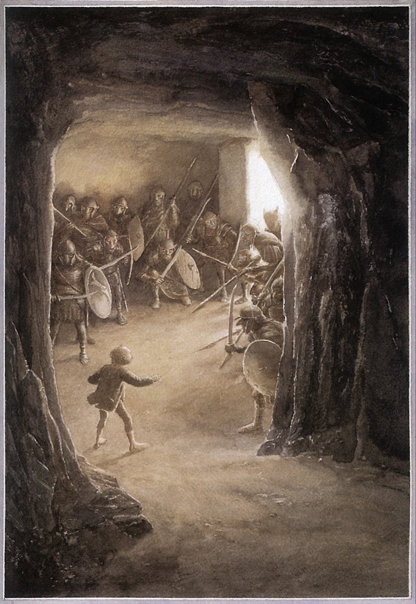 Bilbo escaping the Misty Mountain goblins is a great rendering by Alan Lee. A timid Bilbo, cloaked by the ring, seeks an opening to slip past the guards at the door. His poor buttons are in for it.