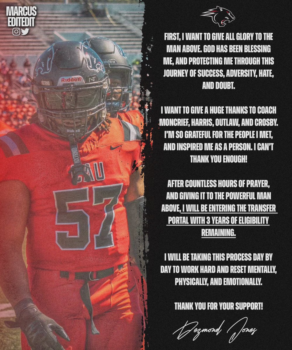 BREAKING: Clark Atlanta LB Desmond Jones has entered the <a href="/CollegeFBPortal/">College Transfer Portal</a> with 3 years of eligibility left.