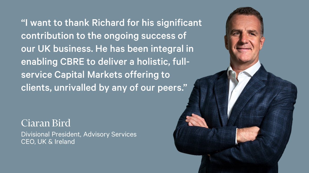 Richard Dakin, Head of European Investment Banking & Debt & Structured Finance, will retire in December. Effective 1 July 2024, he will assume a part-time role supporting the established Investment Banking and Debt & Structured Finance leadership team. cbre.co/3UiGi52