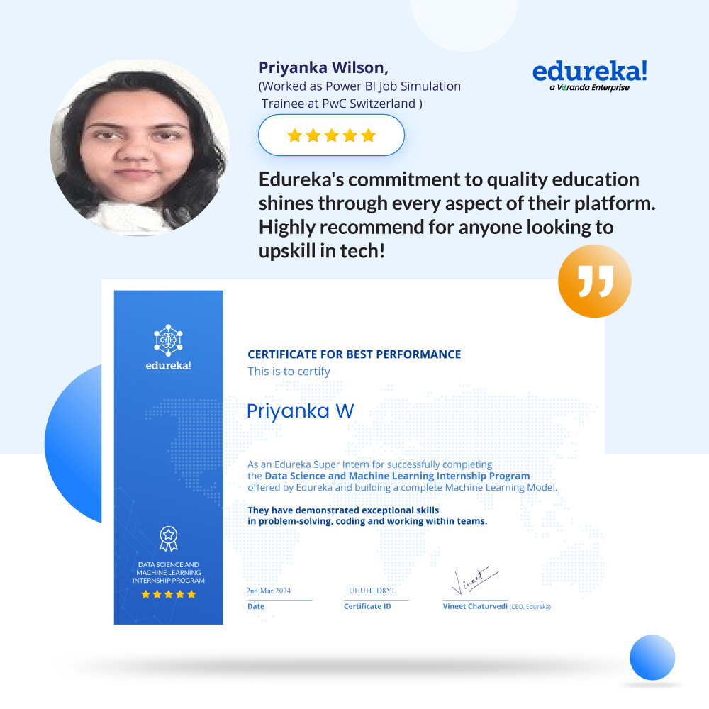 Join Priyanka and a league of achievers in unlocking your potential with Edureka today- bit.ly/43XS8Vr 
:
:
#Learnwithedureka #edureka #Edurekareviews #Appreciationpost #datascience #machinelearning #Elearning #Onlineeducation #Onlineclasses #ProfessionalGrowth