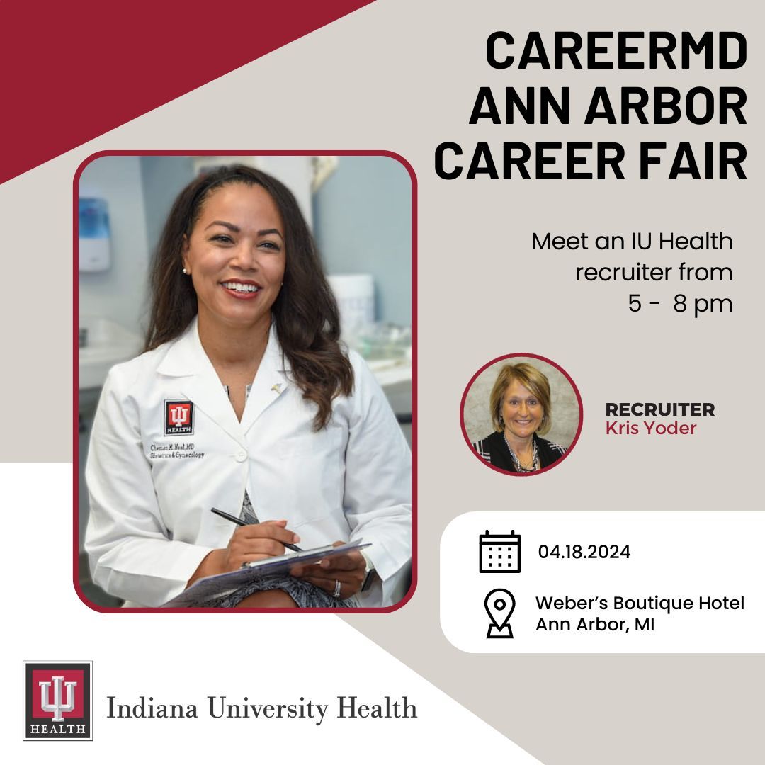 Meet an @IU_Health physician recruiter tomorrow at the @CareerMD Ann Arbor career fair to learn about #physicianjobs statewide with Indiana's No. 1 health system: buff.ly/3xhPz45