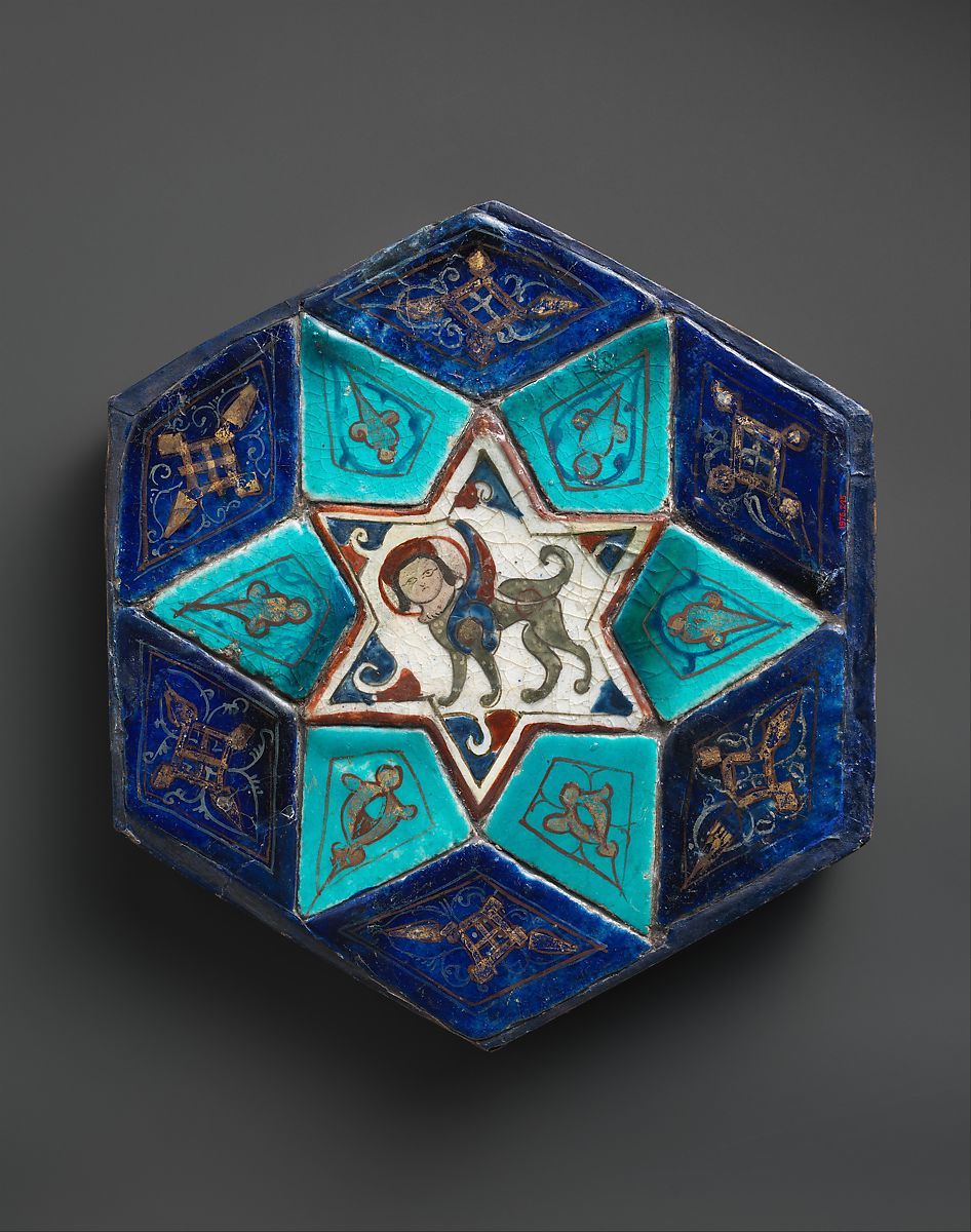 Hexagonal Tile Ensemble with Sphinx. Date: c. 1160s–70s, Seljuk Empire. Place of made: Konya, Turkey. Medium:  Stonepaste; over- and underglaze-painted, gilded.