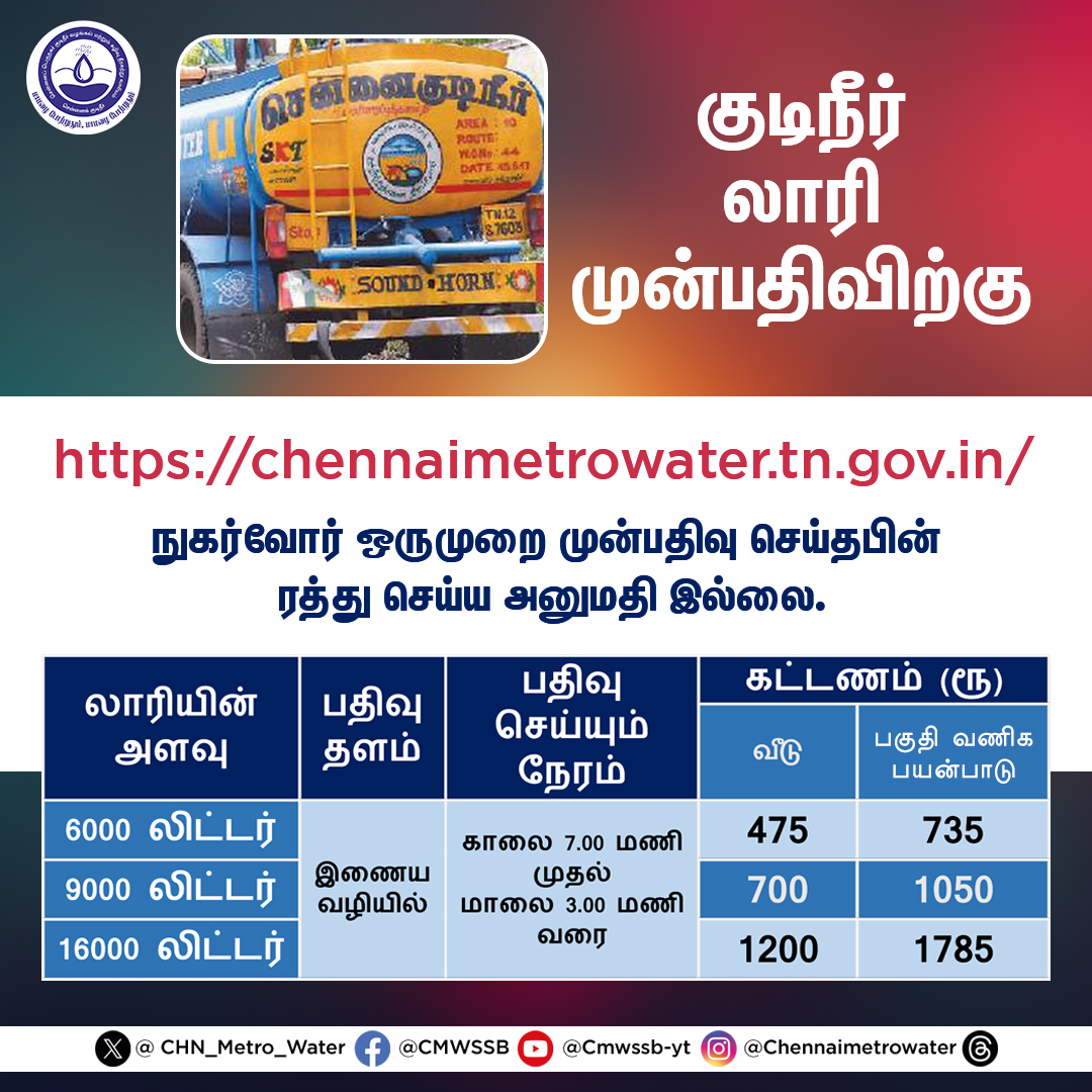 🚛 Easy Water Tanker Booking! 👍 Need water delivery? Look no further! 💧Our hassle-free booking system makes it a breeze 💦to get water tanks delivered right to your doorstep. 🚚dfw.chennaimetrowater.in/#/index #CMWSSB | @chennaicorp @TNDIPRNEWS @CMOTamilnadu @KN_NEHRU @tnmaws