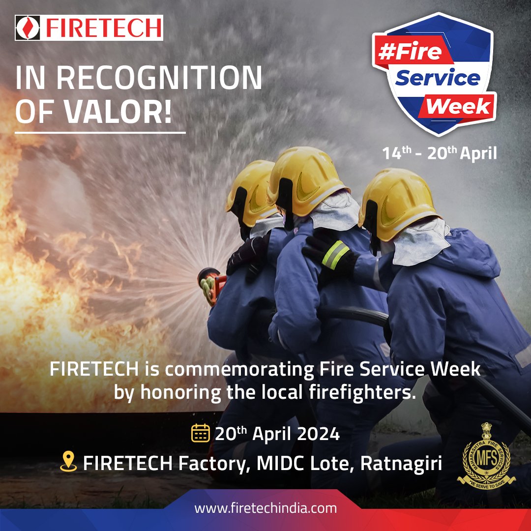 Honoring Our Guardians!🌟

As part of #FireServiceWeek, #FIRETECH will host a special event to recognize the valor of local firefighters on 20th April 2024 at our factory in Ratnagiri.

#FIRETECHIndia #FireServiceDay #RememberingTheHeroes #NationalFireServiceWeek