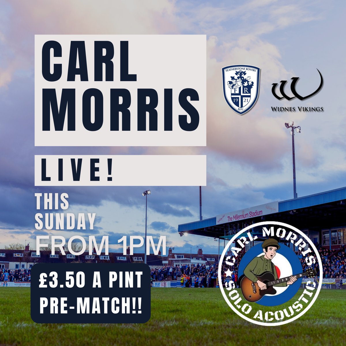 Carl Morris will be performing live in the FanZone this Sunday ‼️

⏰ 1.15pm until 2pm
⏰ 2.15pm until 3pm

Support your club and get down to the Millennium Stadium nice and early!

🎤 Best pre-match entertainment in Fev
🍻 Cheapest pre-match pint in Fev

#BlueWall