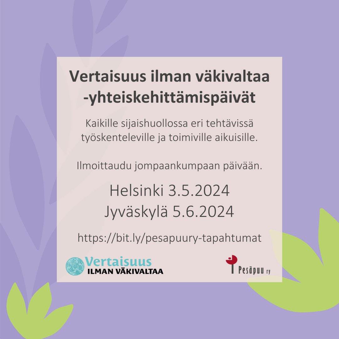 Tervetuloa kehittämään #lastensuojelu'n #sijaishuolto'ssa tapahtuvan lasten keskinäisen väkivallan käsittelyä. #VertaisuusIlmanVäkivaltaa-hankkeen yhteiskehittämispäivät Helsingissä 3.5. &amp; Jyväskylässä 5.6., tervetuloa jompaankumpaan 👉🏼 link.webropolsurveys.com/Participation/…