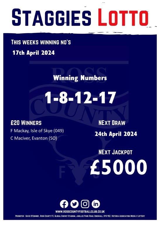 This weeks winning Staggies Lotto Numbers are 👉 Don't forget, you can enter our Lottery for your chance to win the Jackpot at bit.ly/3GL1aeD or purchase tickets in our Club Shop.