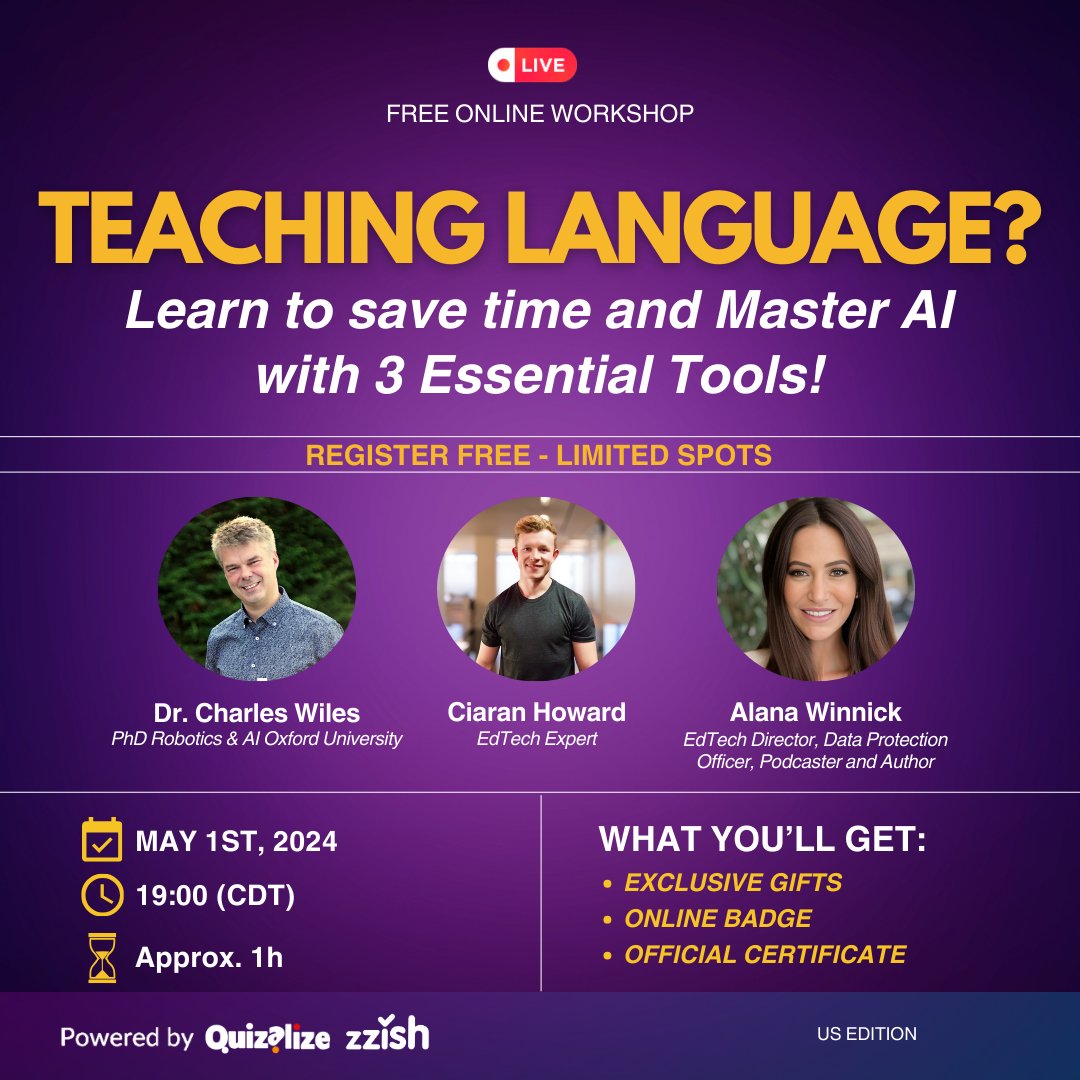 🤩 On the 1st May 2024 at 7pm CDT, we have another EPIC workshop taking place, but this time, it's for teachers based in the USA! 🇺🇸 Register now -us02web.zoom.us/webinar/regist… 🙋‍♀️ If you're a languages teacher who wants to gain confidence with AI tools, this is for you! It's FREE,…