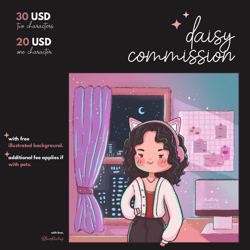hushtulip's tweet photo. 🌷  COMMISSION RATES 💗
  
hi! i’m now accepting comms for the month of april and may so here are my updated rates! see terms of service below ♡
 
rts are very much appreciated! help ya girl pay her bills 🥹

#commissionsopen #artistontwitter #artcommissions https://t.co/NaHM09KySI