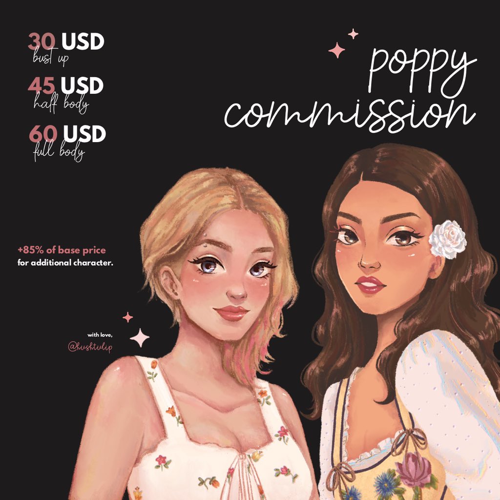 hushtulip's tweet photo. 🌷  COMMISSION RATES 💗
  
hi! i’m now accepting comms for the month of april and may so here are my updated rates! see terms of service below ♡
 
rts are very much appreciated! help ya girl pay her bills 🥹

#commissionsopen #artistontwitter #artcommissions https://t.co/NaHM09KySI