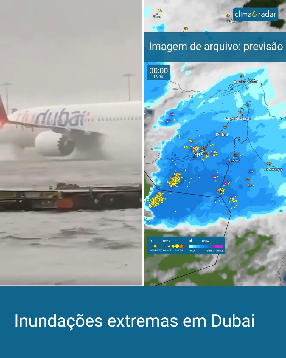 climaeradar's tweet photo. Condições climáticas extremas nos Emirados Árabes Unidos. Tempestades provocaram #inundações em #Dubai e #Omã. Alguns locais receberam mais de 140 mm de chuva em 24 h. Causas: umidade ecessiva + uma zona de baixa pressão próxima + temperaturas do mar acima do normal. #radarclima https://t.co/zb84ZcYJ7C