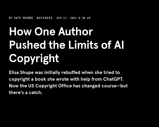 ¿Se puede conseguir el copyright de un libro escrito con ChatGPT? 👉 pues sí !!! 👉 pero no como autor sino como “selection, coordination, and arrangement of text generated by artificial intelligence.” 👇👇👇 wired.com/story/the-us-c…