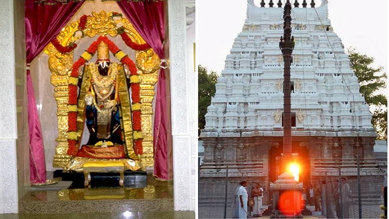 Sri Veda Narayanaswami temple the sunrays fall on the main deity between 0600 hrs and 0615 hrs. On the first day, they fall on the feet, on the second – on the chest and on the third – on the forehead, depicting worship by Sri Surya Bhagavan (the Sun God) himself.