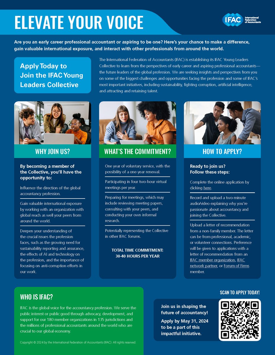 IFAC's tweet photo. We're excited to invite applications for the IFAC Young Leaders Collective. This is a unique opportunity for early career and aspiring professionals to contribute to shaping the future of our profession. 

Scan the QR code below to apply or visit: https://t.co/fcm0cxPC7O https://t.co/vdxx65mkKc