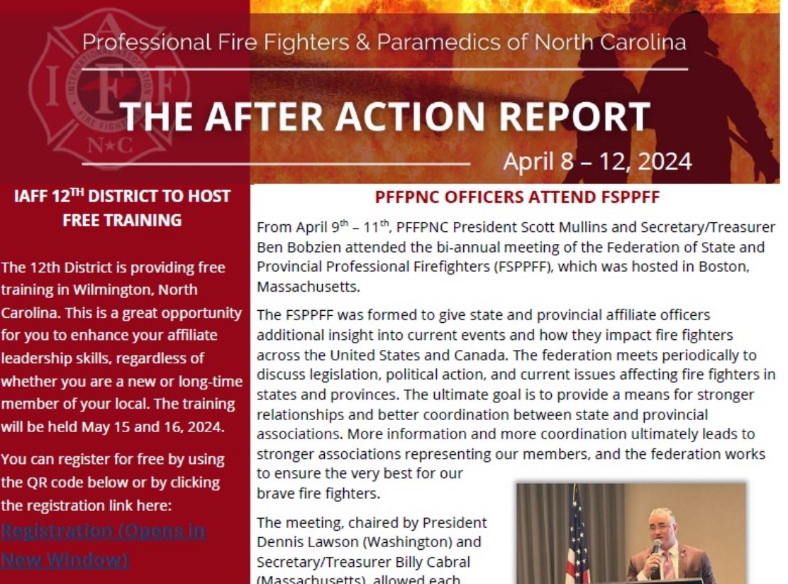 @PFFPNC newsletter for April 8-12 is now posted and includes the report from the bi-annual meeting of the Federation of State and Provincial Professional Firefighters (FSPPFF). Also, free training from the IAFF 12th District to be held in Wilmington. pffpnc.org/newsletters/