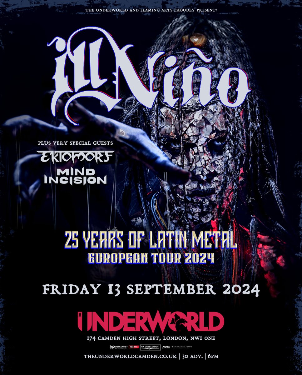 TheUnderworld's tweet photo. On Sale Now 🔥 Latin metallers @OfficialIllNino celebrating 25 years, joined by modern metal machine @EktomorfBand, and nu-groove upstarts #MindIncision, live at @TheUnderworld, Friday 13 September.

🎟️ https://t.co/rSW0Mt6413

🎶 https://t.co/ZSB81DTe0o https://t.co/KrRbZMeRec