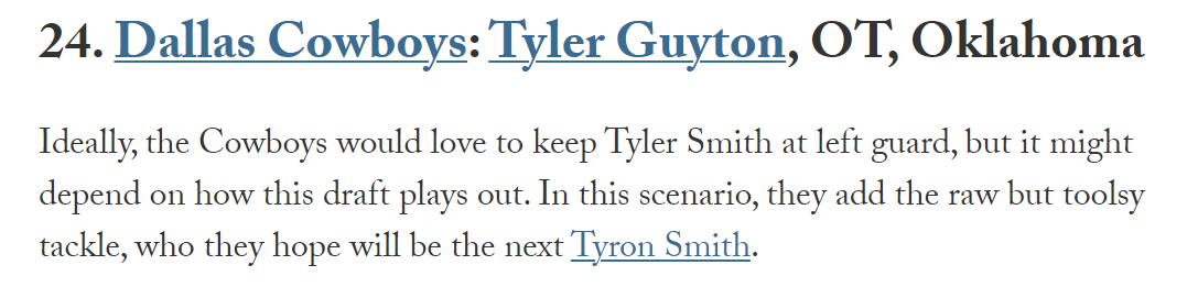 The #Cowboys select #Oklahoma OT Tyler Guyton in @dpbrugler's latest mock draft: theathletic.com/5418352/2024/0…