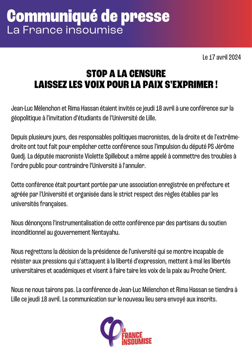 🚨 NOUS NE NOUS TAIRONS PAS ! La Macronie et l'extrême droite veulent censurer l'opposition populaire, @JLMelenchon et @RimaHas ! Nous ne baisserons pas les yeux. Rendez-vous nombreux au meeting à Roubaix ce soir et demain à Lille !