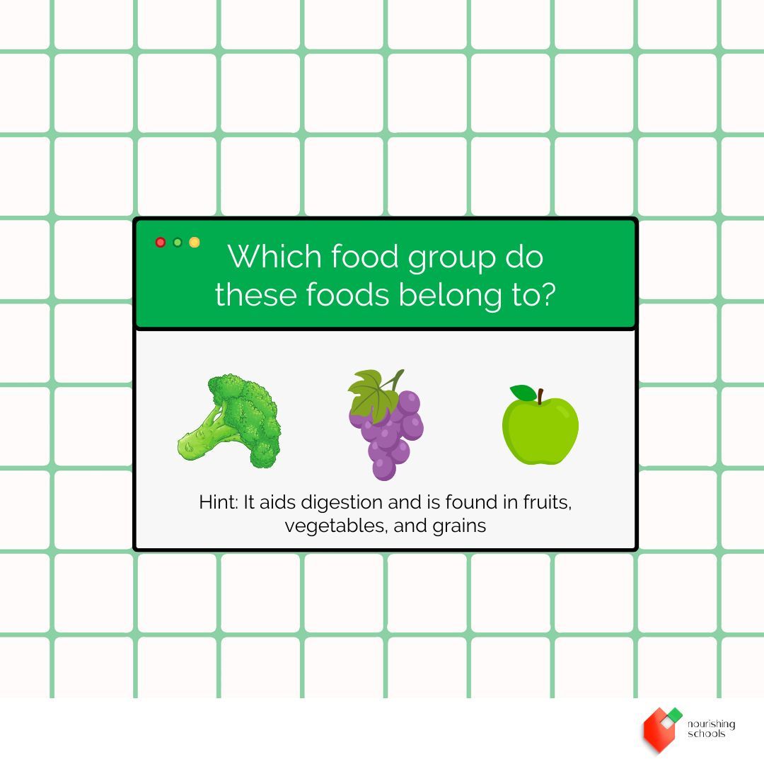 Ready to put your nutrition knowledge to the test? Hint: It aids digestion and is found in fruits, vegetables, and grains. Let's equip children with the tools for a healthier future! #NourishingSchools #NutritionEducation #HealthyHabits #ChildHealth