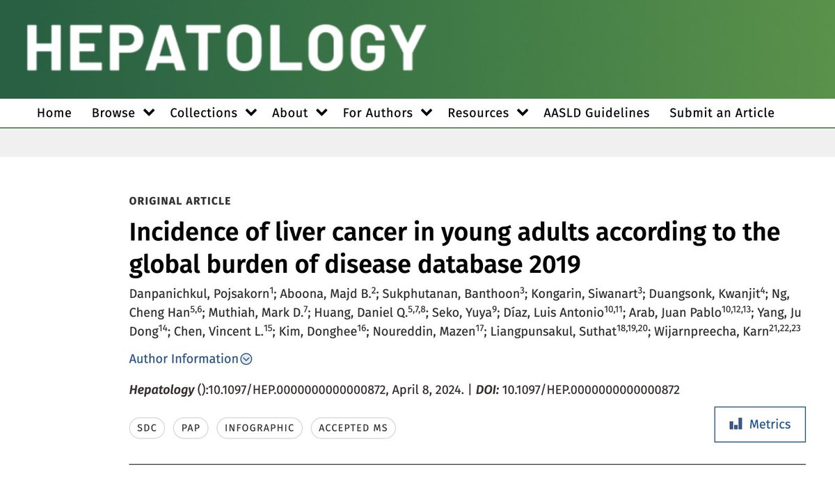 #GITwitter Happy to share our latest article on the epidemiology of liver cancer in young adults in <a href="/HEP_Journal/">HEPATOLOGY Journal</a>! 
↔️Mortality from overall liver cancer
📈 Mortality from liver cancer from #MASLD &amp; #ALD🍷 
<a href="/KarnJUVE/">Karn Wijarnpreecha</a> <a href="/juanpabloarab/">Juan Pablo (JP) Arab, MD </a> <a href="/LuisAntonioDiaz/">Luis Antonio Díaz, MD</a> <a href="/l_suthat/">Suthat Liangpunsakul</a>