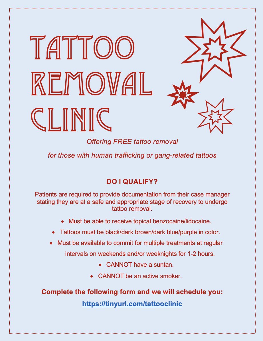 Excited to announce that we are going to be offering FREE tattoo removal for patients with human trafficking or gang-related tattoos in the Providence, RI area! Check out the flyer below and fill out the form if you qualify! ⚡️⚡️⚡️
tinyurl.com/tattooclinic