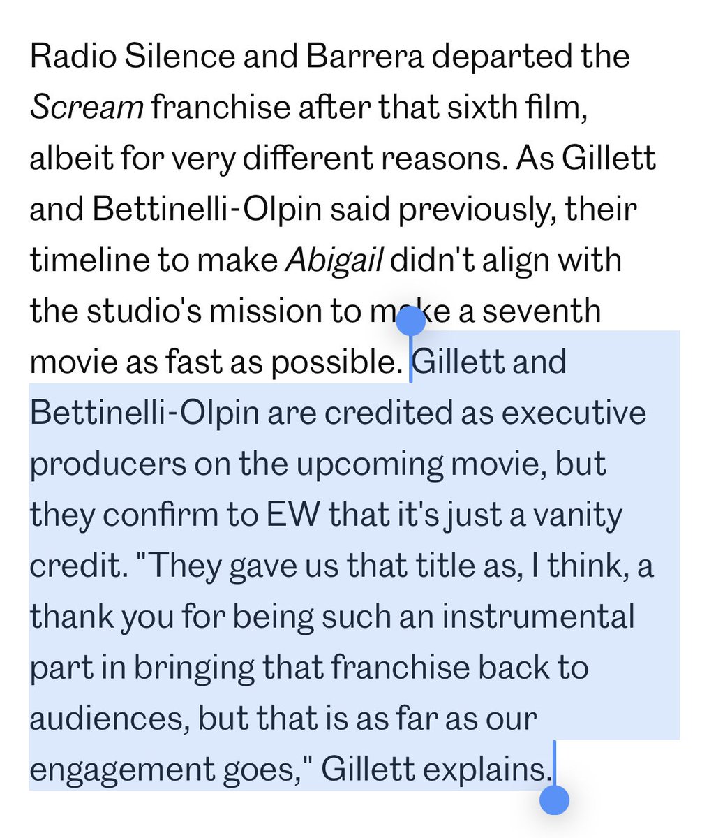 confirmation that Radio Silence’s executive producer credit for Scream 7 is nothing more than a “vanity credit” given to them & that they have no active involvement in the production of the movie 🙌