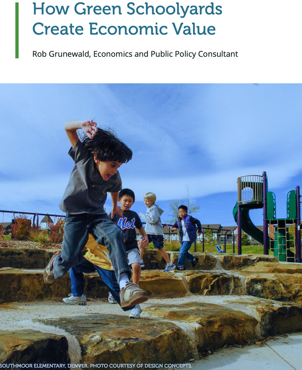 RobGrunewald's tweet photo. Writing this report combined 2 of my favorite topics-education &amp; nature. Converting paved schoolyards to nature-filled green schoolyards creates economic value by boosting children’s learning, environmental sustainability, &amp; community development &amp; health. https://t.co/r1JkKl8jcO https://t.co/ugXBooEQ9x
