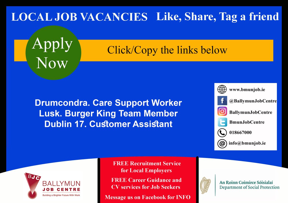 👉 Visit us at: Bmunjob.ie Vacancies #bmunjob #jobfairy #dublinjobS Drumcondra. Care Support Worker is.gd/YHGPxQ Lusk. Burger King Team Member applegreen-stores.rezoomo.com/job/64226/ Dublin 17. Customer Assistant roi.tesco-careers.com/jobdetails/879…