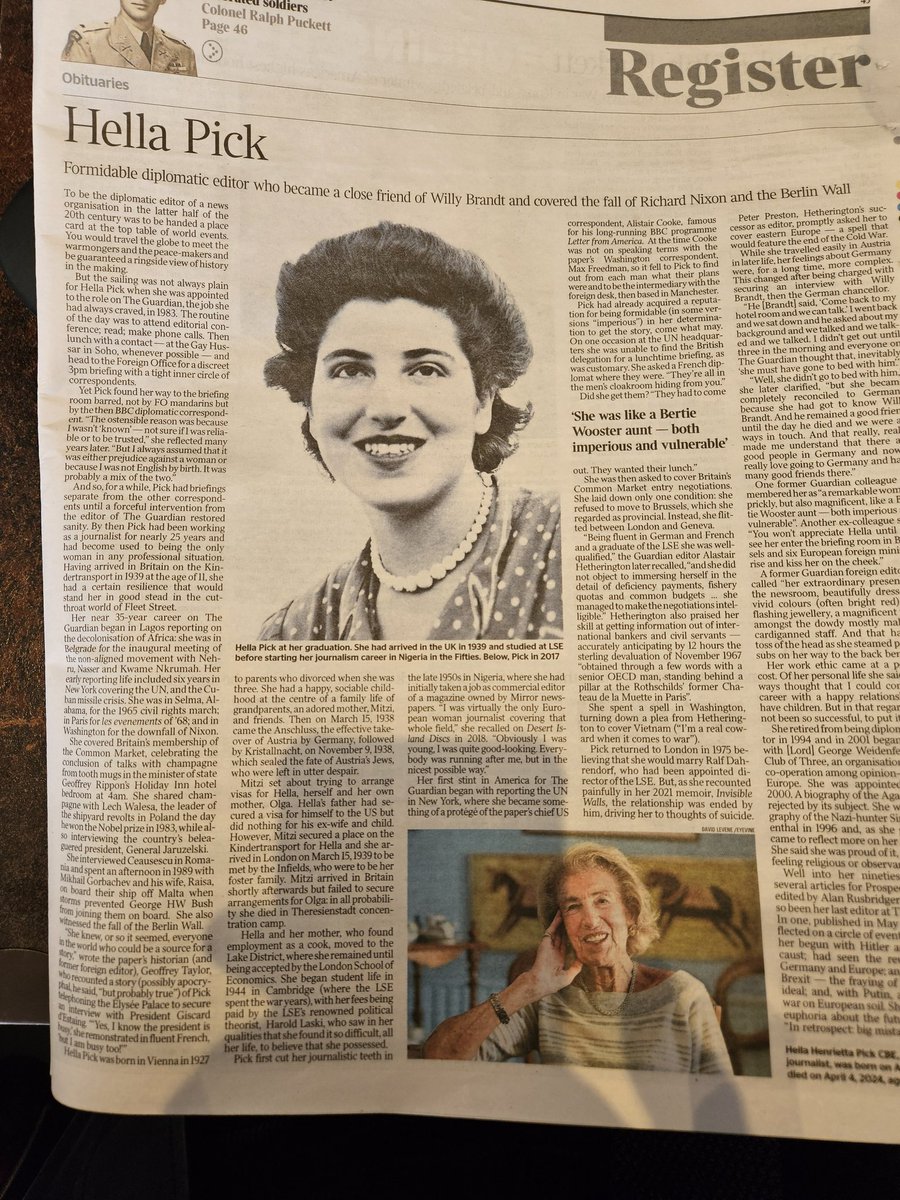 Wonderful, inspirational obit in The Times of the Guardian's former diplomatic editor Hella Pick.