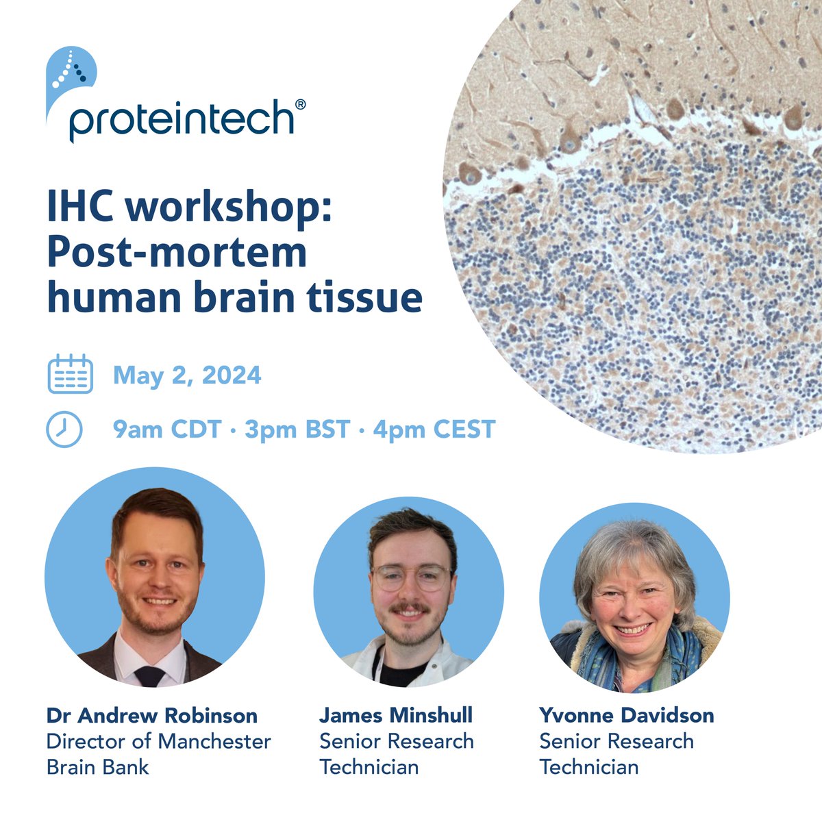 Registration is open for our ‘IHC workshop: Post-mortem human brain tissue’ 📆 May 2nd 2024 ⏰ 9am CDT · 3pm BST · 4pm CEST 🖥 Via Zoom Register early to secure your free place: ptglab.zoom.us/webinar/regist… @MancBrainBank #ProteintechEvents #Immunohistochemistry #Neuroscience