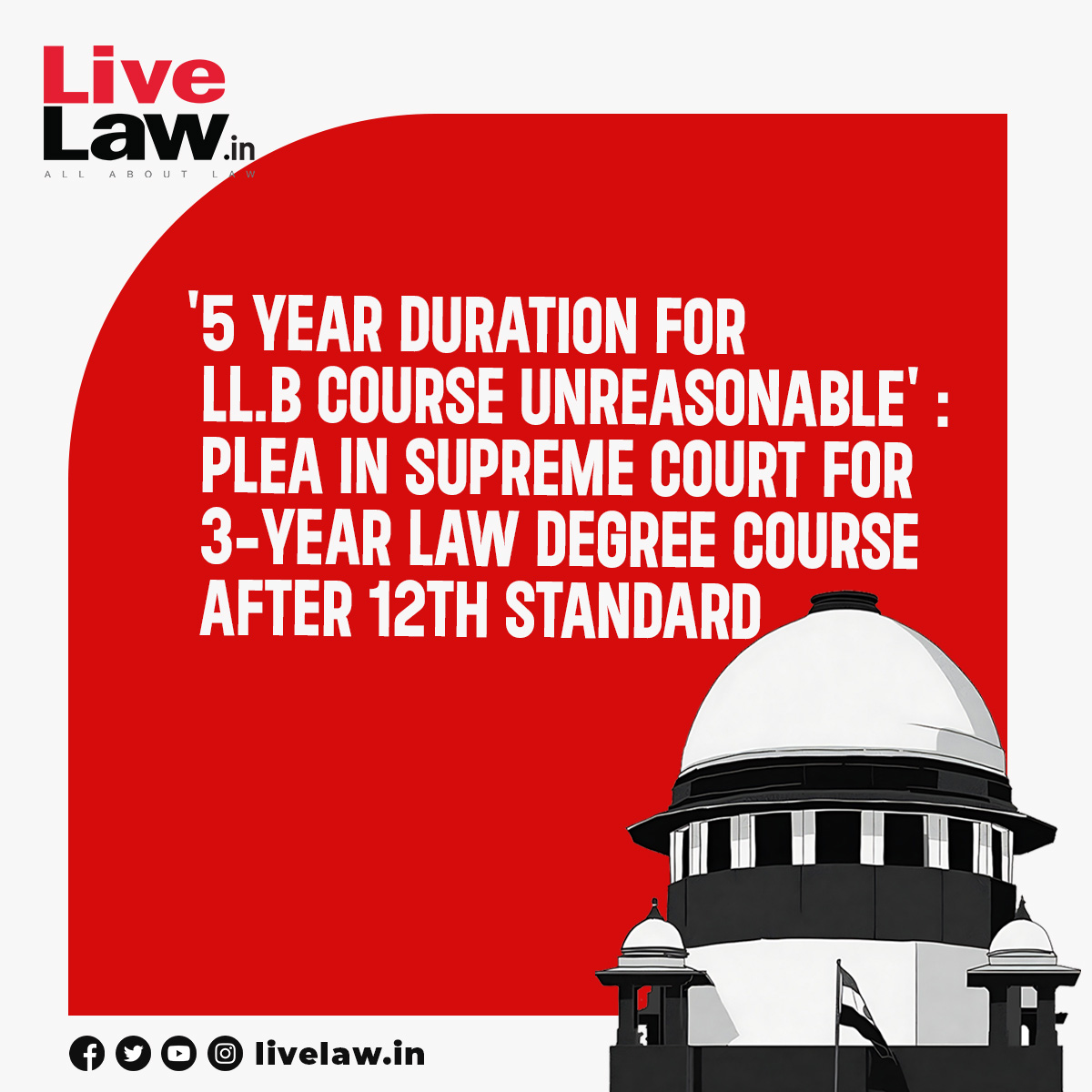 LiveLawIndia's tweet photo. A Public Interest Litigation (PIL) petition filed in the Supreme Court seeks directions to have a 3-year law degree course after school. Presently, the LL.B course which the students can join after their 12th standard has a duration of 5 years. Three-year law degree course is available only for graduates.
Read more: https://t.co/6VnwmdYl2g
#SupremeCourt #LLB #SupremeCourtOfIndia