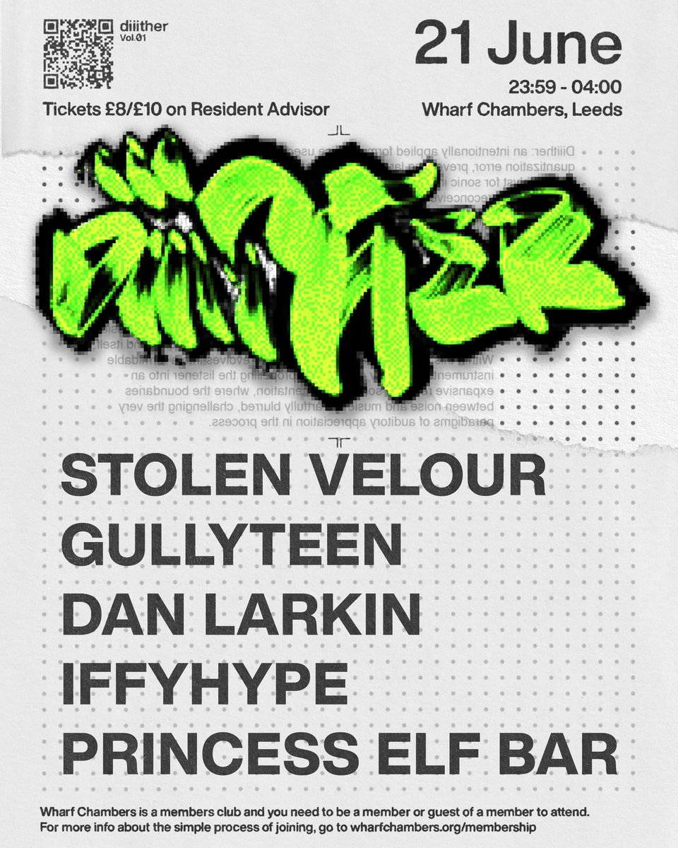 Pleased to announce the lineup for the first solo Diiither event, featuring a selection of artists pushing things forward with their unique styles. 

All kinds of ravey styles covered, with a leaning into the weirder and more experimental side of things.

ra.co/events/1903866