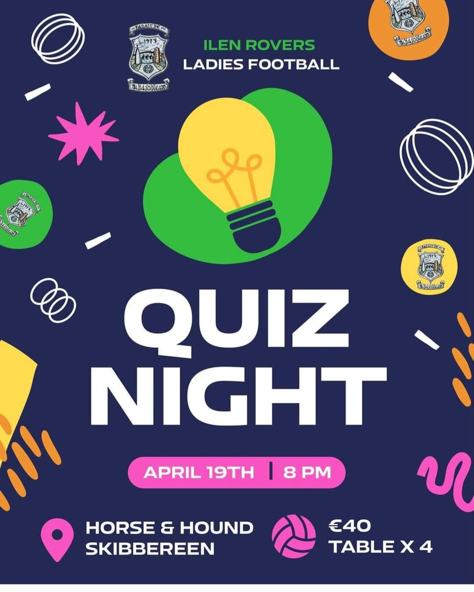 Reminder of our table quiz organised by our Ladies Club, this Friday night, Apr 19th in the Horse & Hound Bar, Skibbereen at 8:00pm. Raffle on the night & everyone welcome!!