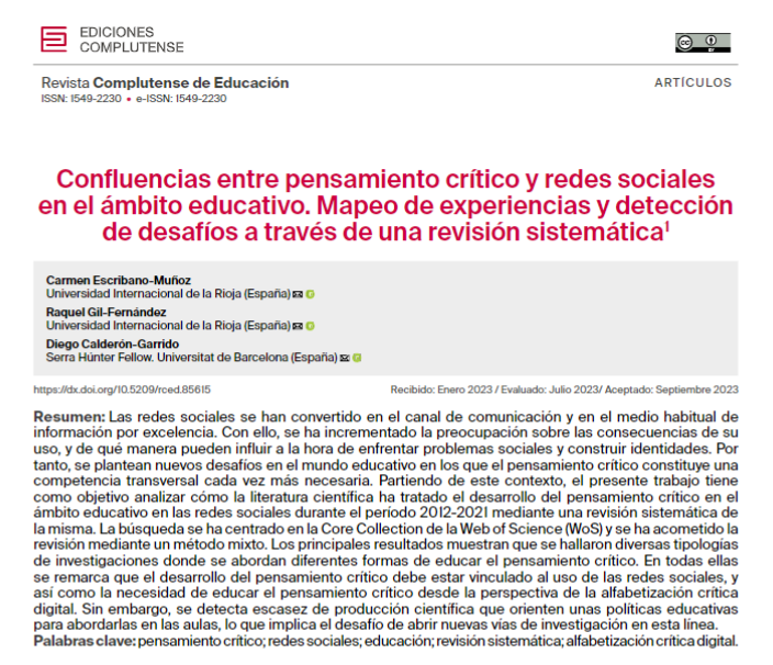 Por si a alguien le interesa, aquí tenéis el enlace a nuestro último artículo: "Confluencias entre pensamiento crítico y redes sociales en el ámbito educativo. Mapeo de experiencias y detección de desafíos" 
doi.org/10.5209/rced.8…
<a href="/ire_ub/">IREUB</a>
@EsbrinaRecerca