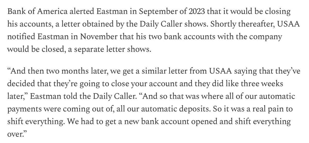 John Eastman says last year he was 'de-banked' by both Bank of America and USAA. From @DailyCaller dailycaller.com/2024/04/16/joh…